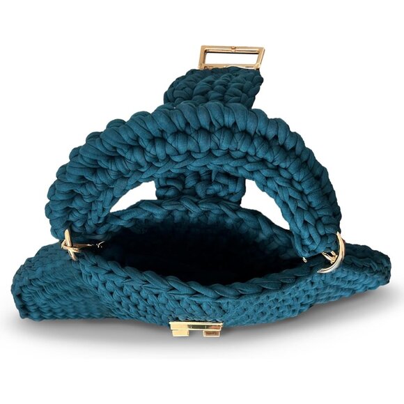 Women\'s Crochet Handmade Small Evening Formal Flap Blue Crossbody Clutch Bag